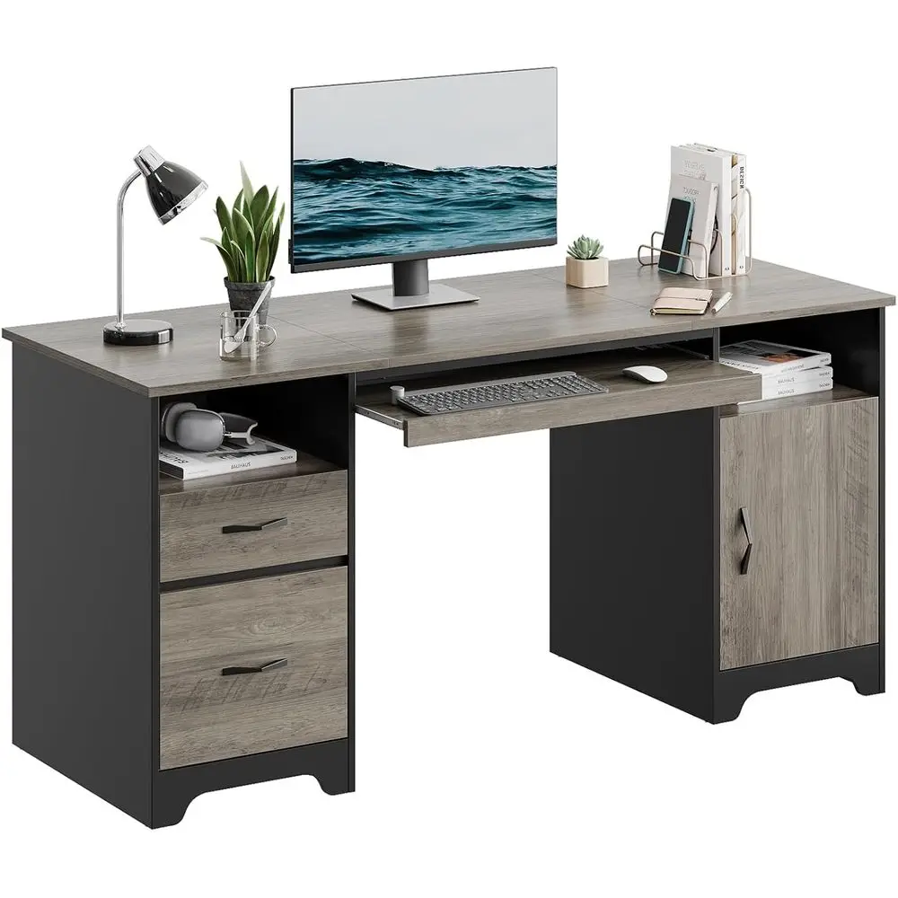 Drawer Pedestal Cabinet - Mesa Executiva Cinza de 59 polegadas