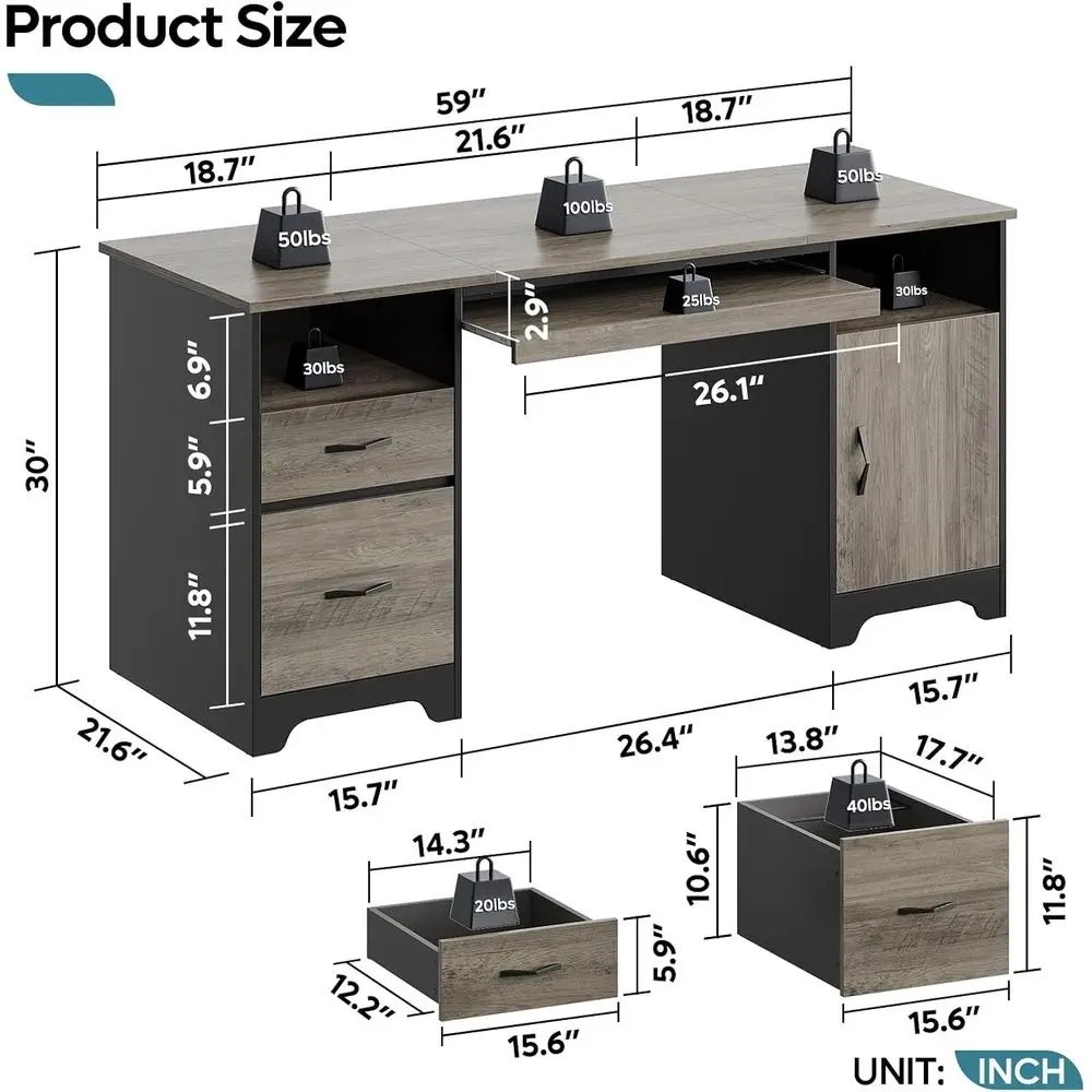 Mesa Executiva Cinza de 59 pol - Drawer Pedestal Cabinet avaliação e preço